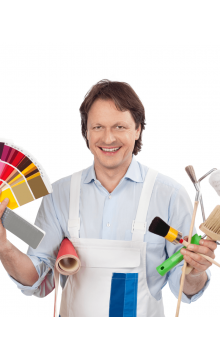 Painter with paints and sample cards