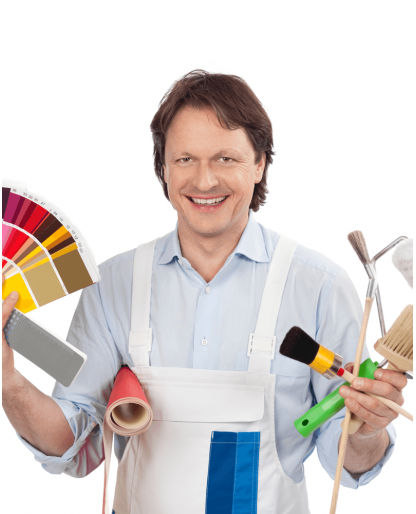 Painter with paints and sample cards