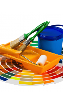 Painter with paints and sample cards