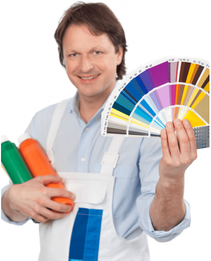 Painter with paints and sample cards