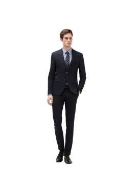 Suit with waistcoat, pin detail on lapel 