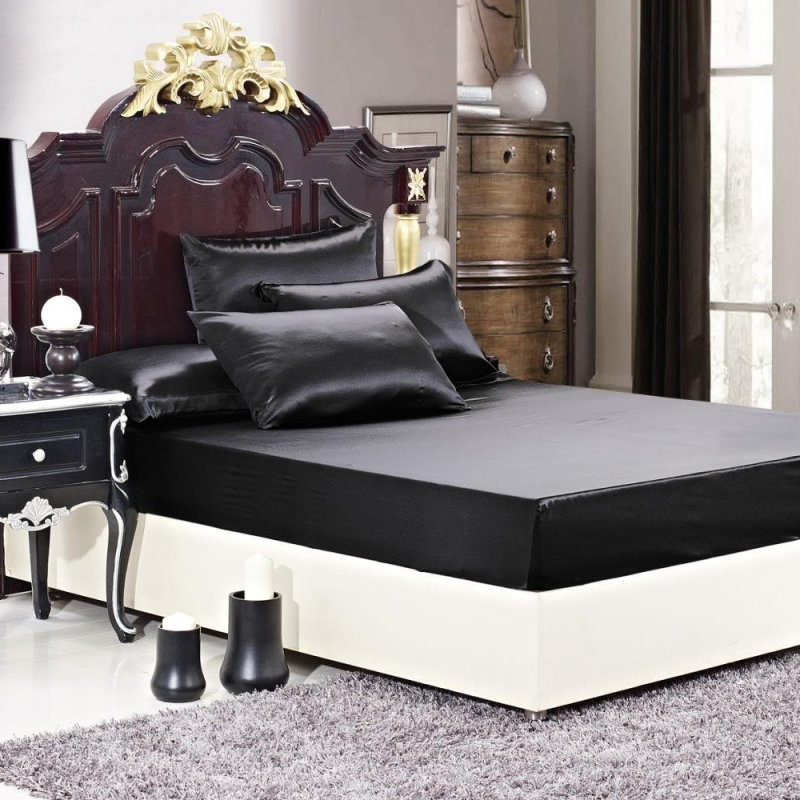 Luxuer 7PC Solid Silk Bedding Collections Machine Washable 435 Thread Count Handmade Pure Mulberry Silk 22MM King Size, Black