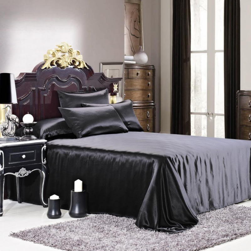 Luxuer 7PC Solid Silk Bedding Collections Machine Washable 435 Thread Count Handmade Pure Mulberry Silk 22MM King Size, Black