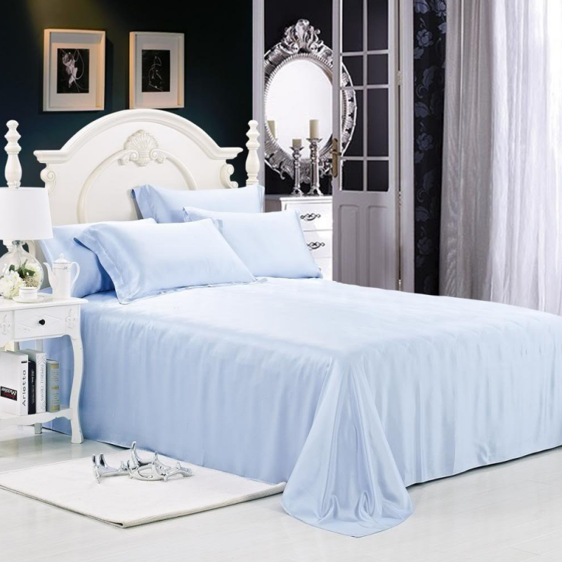 Luxuer 7PC Solid Silk Bedding Collections Machine Washable 435 Thread Count Handmade Pure Mulberry Silk 22MM King Size, Light-Blue