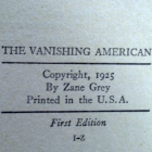 Book First Edition Zane Grey Vanishing American