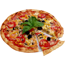 Pizza with meat and basil 