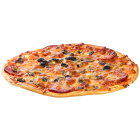 Pizza with salami black olives and mushrooms
