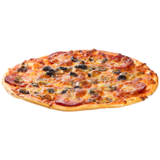 Pizza with salami black olives and mushrooms