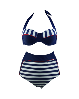 Cocoship Retro Stripe Black Polka Dot High Waist Bikini Swimsuit