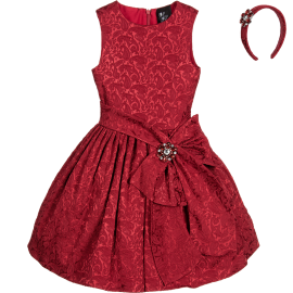 Burgundy Jacquard Dress & Hairband 2 Piece Set