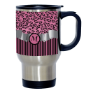 Letter -M- Initial Leopard Print and Stripes Monogrammed Design 14oz Stainless Steel Travel Mug