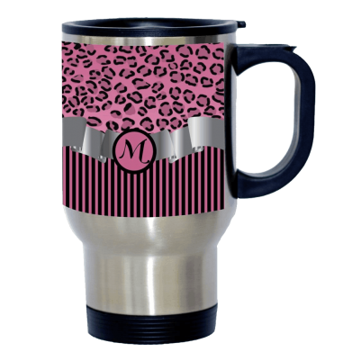 Letter -M- Initial Leopard Print and Stripes Monogrammed Design 14oz Stainless Steel Travel Mug