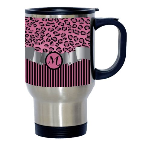 Letter -M- Initial Leopard Print and Stripes Monogrammed Design 14oz Stainless Steel Travel Mug