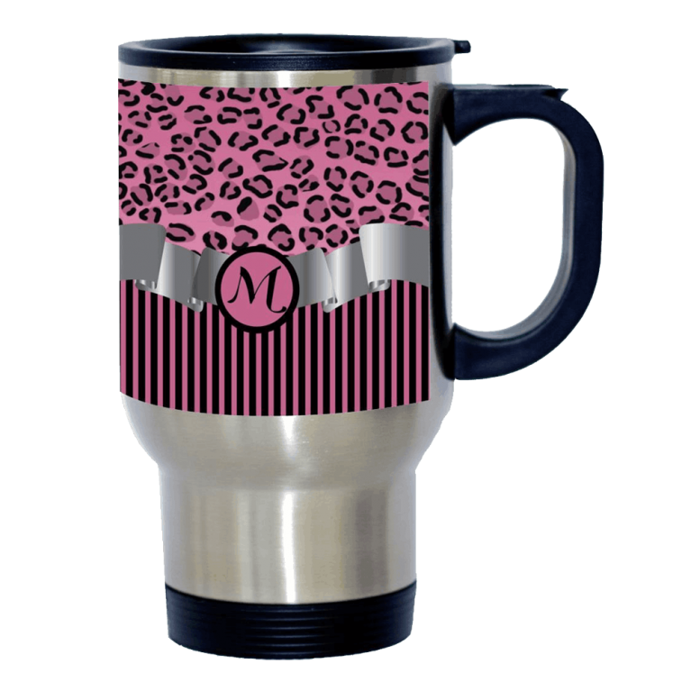 Letter -M- Initial Leopard Print and Stripes Monogrammed Design 14oz Stainless Steel Travel Mug