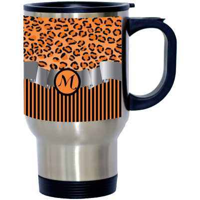 Letter -M- Initial Leopard Print and Stripes Monogrammed Design 14oz Stainless Steel Travel Mug
