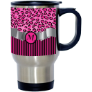 Letter -M- Initial Leopard Print and Stripes Monogrammed Design 14oz Stainless Steel Travel Mug
