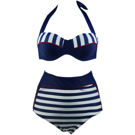 Cocoship Retro Stripe Black Polka Dot High Waist Bikini Swimsuit