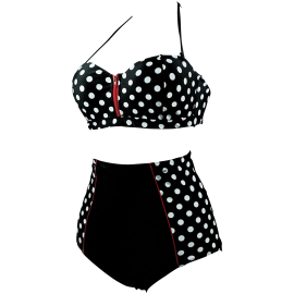Cocoship Retro Stripe Black Polka Dot High Waist Bikini Swimsuit