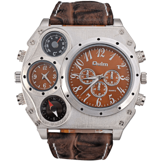 Oulm Analog Dark Brown Leather Strap Four Sub Men Watch