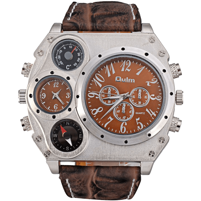 Oulm Analog Dark Brown Leather Strap Four Sub Men Watch