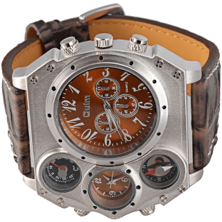 Oulm Analog Dark Brown Leather Strap Four Sub Men Watch
