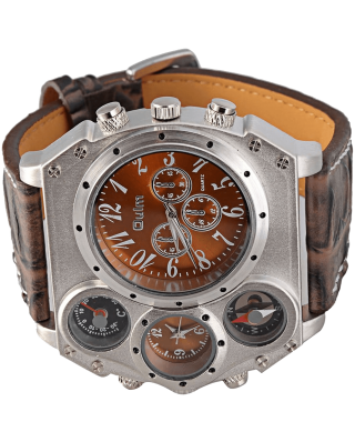 Oulm Analog Dark Brown Leather Strap Four Sub Men Watch