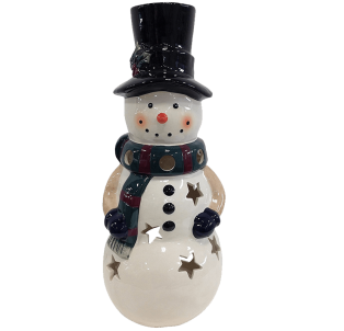 Holiday Snowman Candle Lantern - Solid Stoneware Christmas Statuary