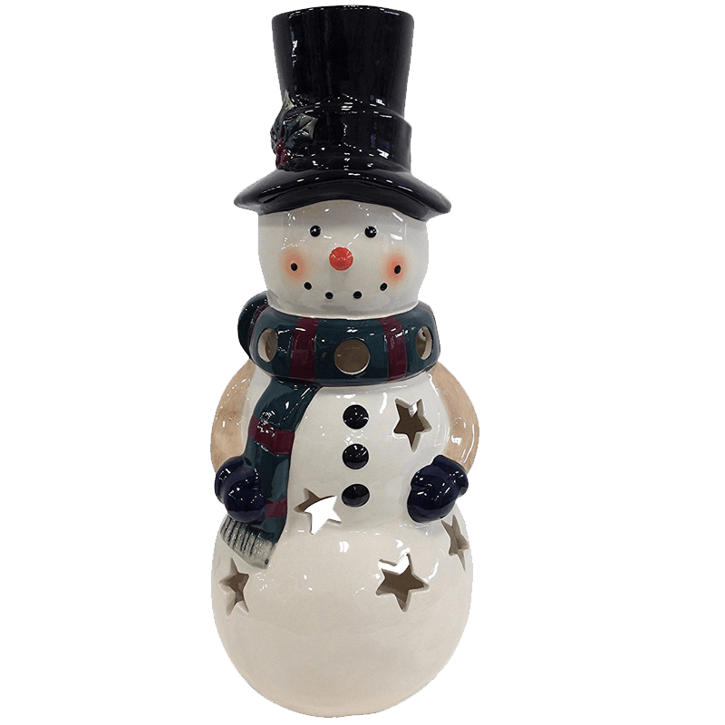 Holiday Snowman Candle Lantern - Solid Stoneware Christmas Statuary