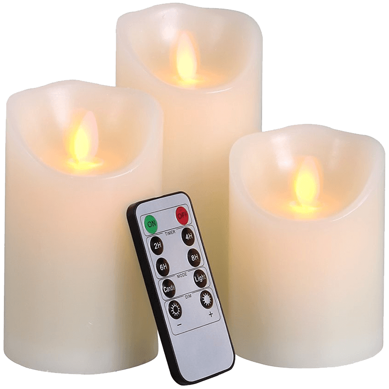 LED Lytes Battery Operated Flameless Unscented Ivory Wax & Amber Yellow Flame Candles with Remote 
