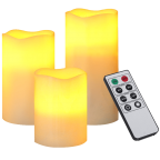 LED Lytes Battery Operated Flameless Unscented Ivory Wax & Amber Yellow Flame Candles with Remote 