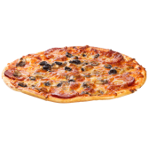 Pizza with salami black olives and mushrooms