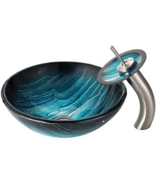 Kraus Ladon Glass Vessel Sink and Waterfall Faucet Satin Nickel