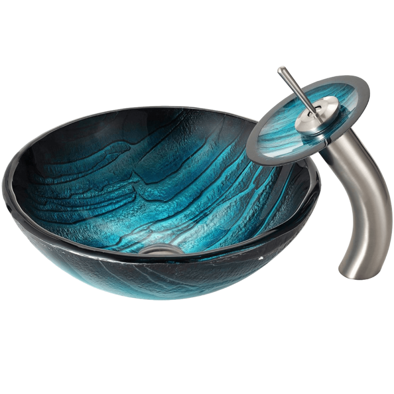 Kraus Ladon Glass Vessel Sink and Waterfall Faucet Satin Nickel