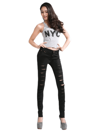 Woman Cut out Punk Novel Ripped Jeans Denim Jeggings Trousers-Skinny