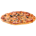 Pizza with salami black olives and mushrooms