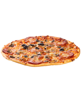 Pizza with salami black olives and mushrooms