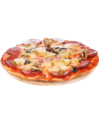 Pizza with salami black olives and mushrooms