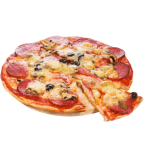 Pizza with salami black olives and mushrooms