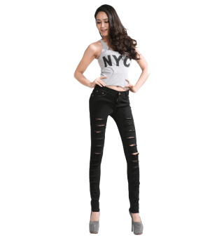 Woman Cut out Punk Novel Ripped Jeans Denim Jeggings Trousers-Skinny
