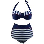 Cocoship Retro Stripe Black Polka Dot High Waist Bikini Swimsuit