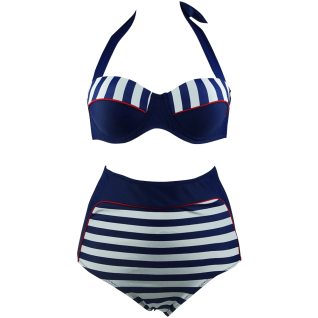 Cocoship Retro Stripe Black Polka Dot High Waist Bikini Swimsuit