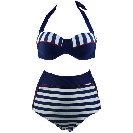 Cocoship Retro Stripe Black Polka Dot High Waist Bikini Swimsuit