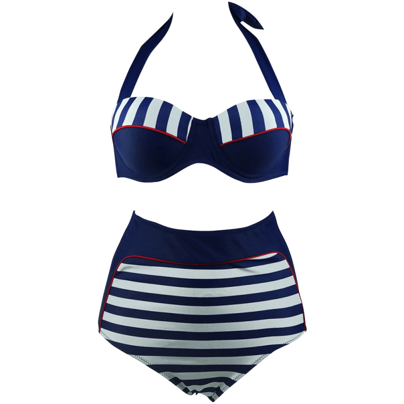 Cocoship Retro Stripe Black Polka Dot High Waist Bikini Swimsuit