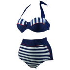 Cocoship Retro Stripe Black Polka Dot High Waist Bikini Swimsuit