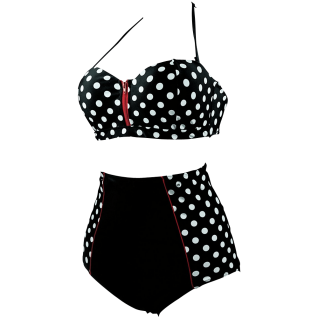 Cocoship Retro Stripe Black Polka Dot High Waist Bikini Swimsuit