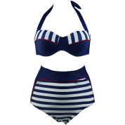Cocoship Retro Stripe Black Polka Dot High Waist Bikini Swimsuit
