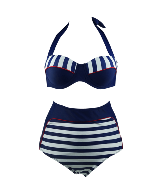 Cocoship Retro Stripe Black Polka Dot High Waist Bikini Swimsuit