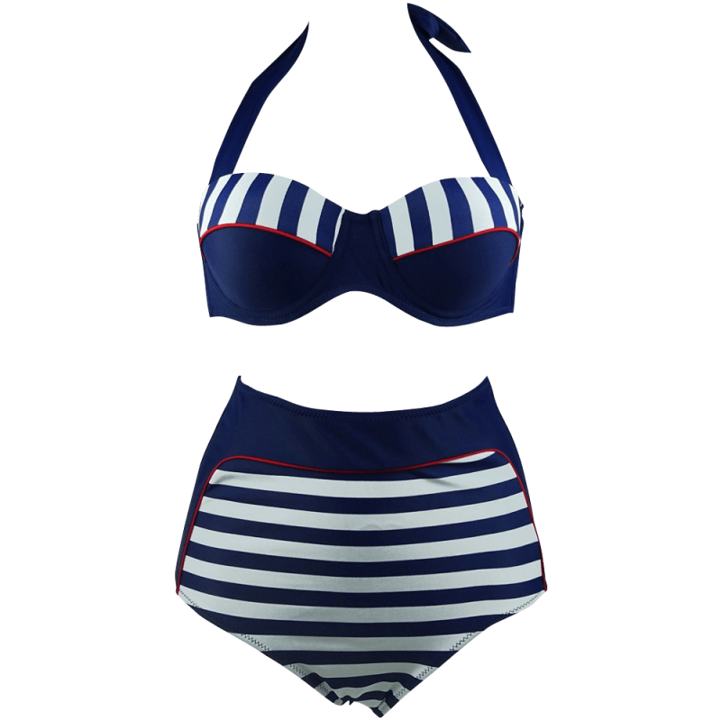 Cocoship Retro Stripe Black Polka Dot High Waist Bikini Swimsuit