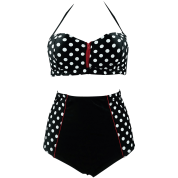 Cocoship Retro Stripe Black Polka Dot High Waist Bikini Swimsuit