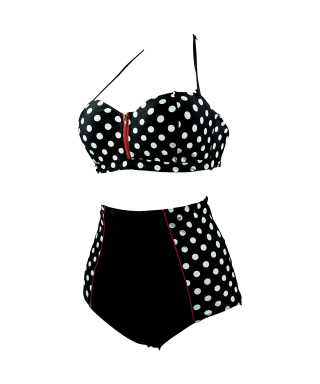Cocoship Retro Stripe Black Polka Dot High Waist Bikini Swimsuit